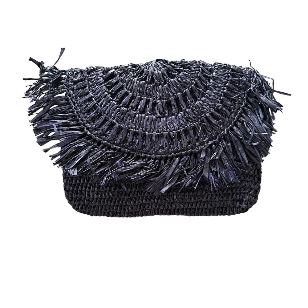 mar y sol woven straw Navy Clutch Fringe Handmade Island Vacation Tropical Bag